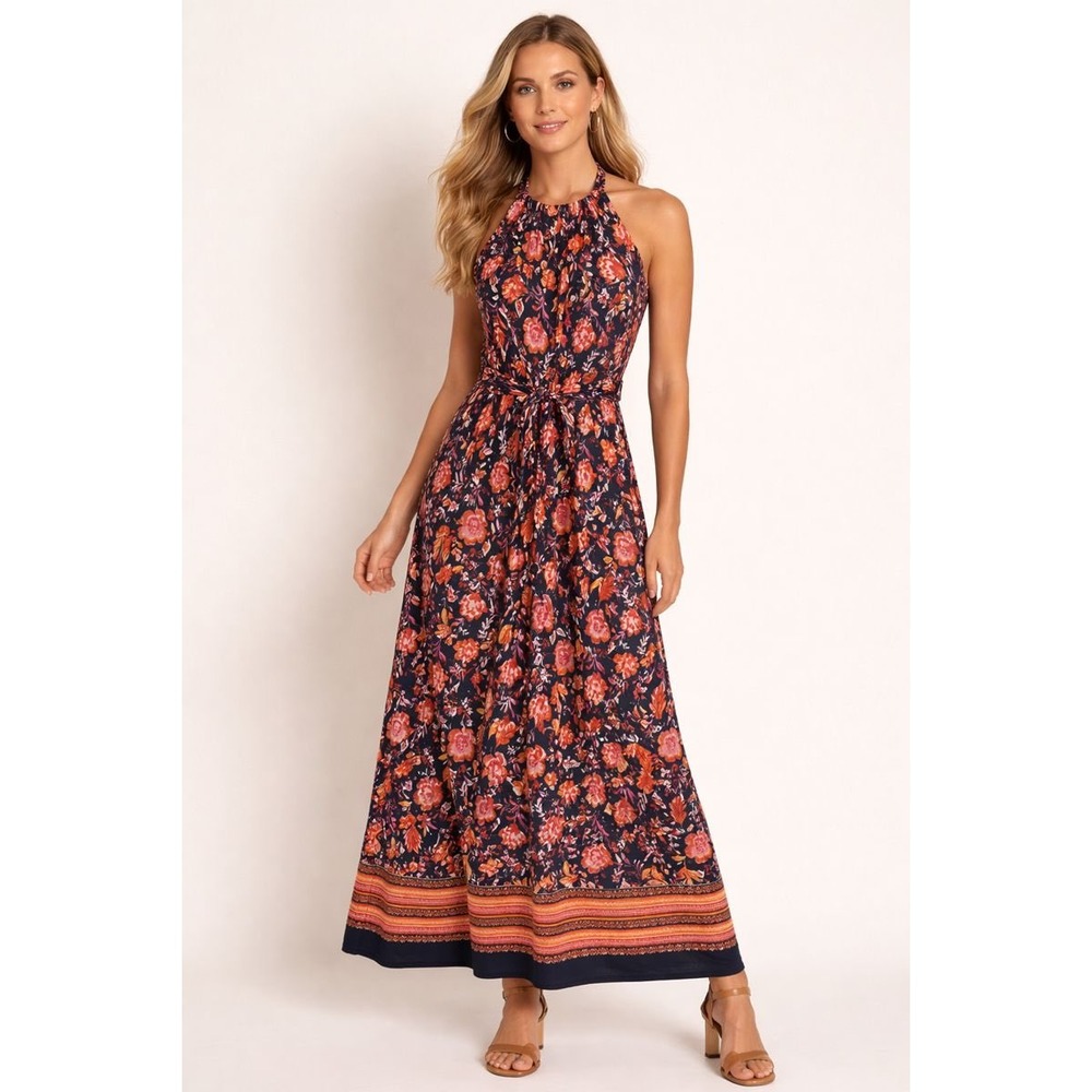 MSK Floral Halter Maxi Dress Boho Tie Waist Border Hem NWT - L